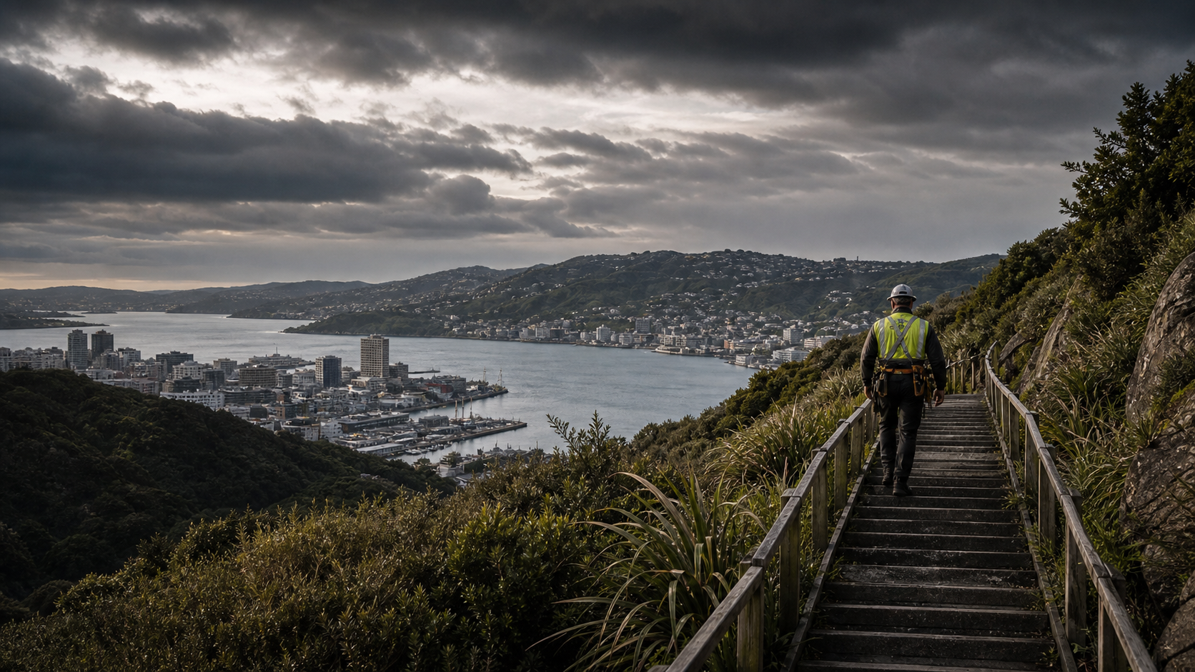 An Outsiders Ltd worker in hi-vis climbing steep coastal access stairs above Wellington harbour
